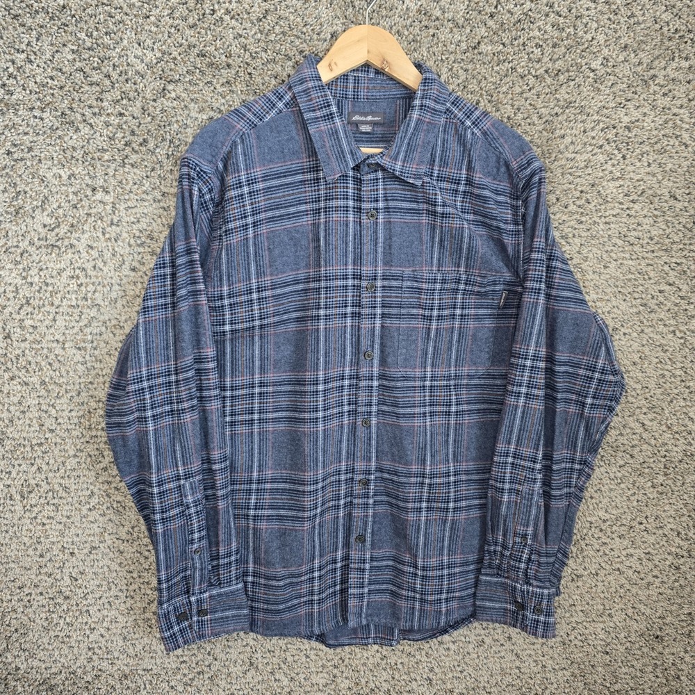 Eddie Bauer Shirt Mens XXL Blue Plaid Flannel Button Up Cotton Casual Long Sleev